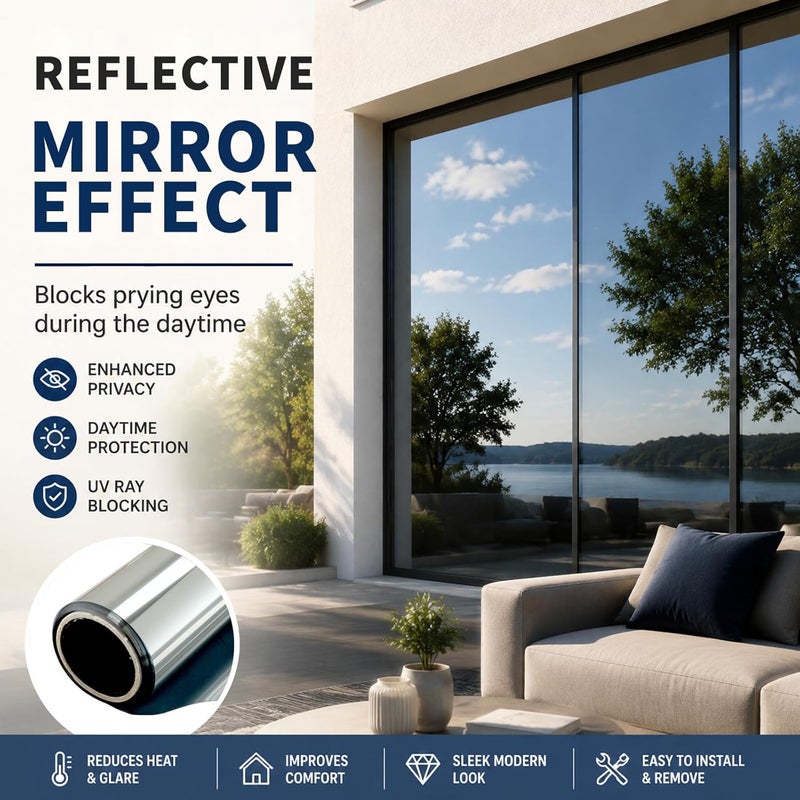 WPCTEV Window Film One Way Mirror Film Daytime Privacy Static Non-Adhesive Decorative Heat Control Anti UV Window Tint for Home and Office Silver 6 Mil 17.5 Inch x 6.5 Feet - Image 4