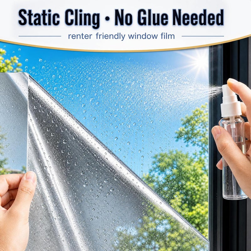 WPCTEV Window Film One Way Mirror Film Daytime Privacy Static Non-Adhesive Decorative Heat Control Anti UV Window Tint for Home and Office Silver 6 Mil 17.5 Inch x 6.5 Feet - Image 5