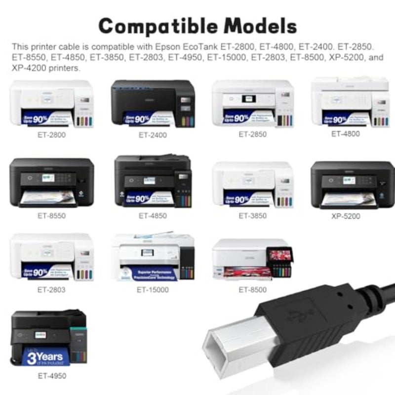 ET-2800 Printer Cable USB 2.0 Compatible with Epson EcoTank ET-2800, ET-4800, ET-2400, ET-2850, ET-8550, ET-4850, ET-3850, ET-15000, ET-8500, XP-5200, XP-4200 Printer 5 ft, 1.5 m - Image 2