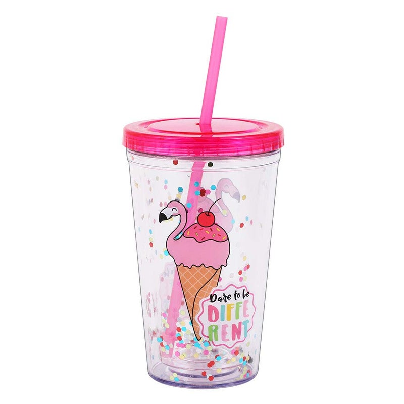 Cute Tumbler with Lid and Straw Double Wall Insulated Acrylic Cup for Girls Women Kids 18oz550ml Flamingo ice cream
