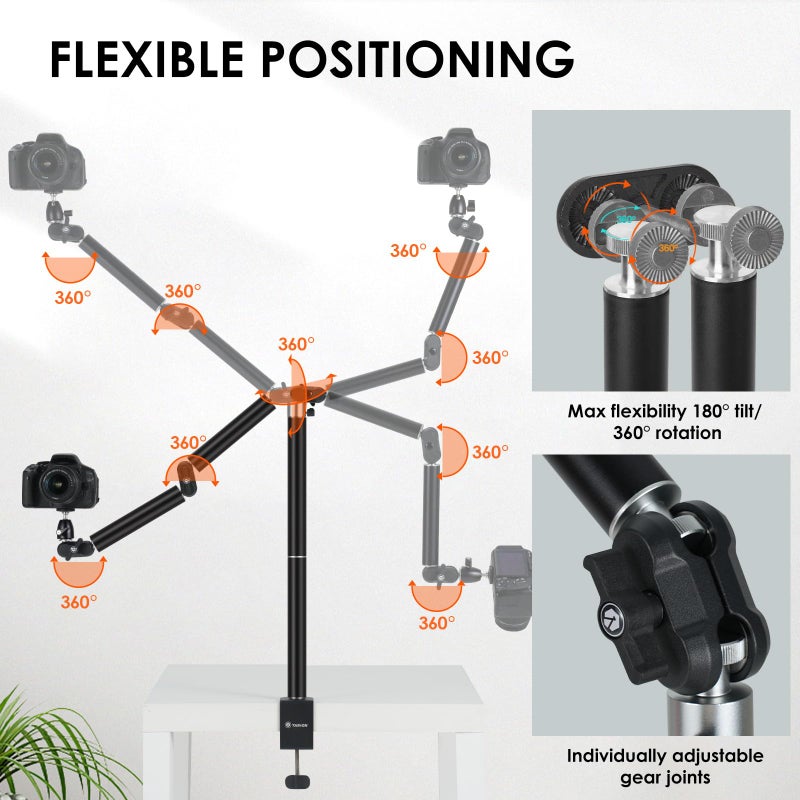 TARION Camera Desk Mount Overhead: Articulated Camera Arm Stand with Clamp 3/8'' 1/4'' Screws Adjustable Table Mount Flexible Gear Joints for DSLR, Phone, Projector TKA01-L (Upgraded Version) - Image 2