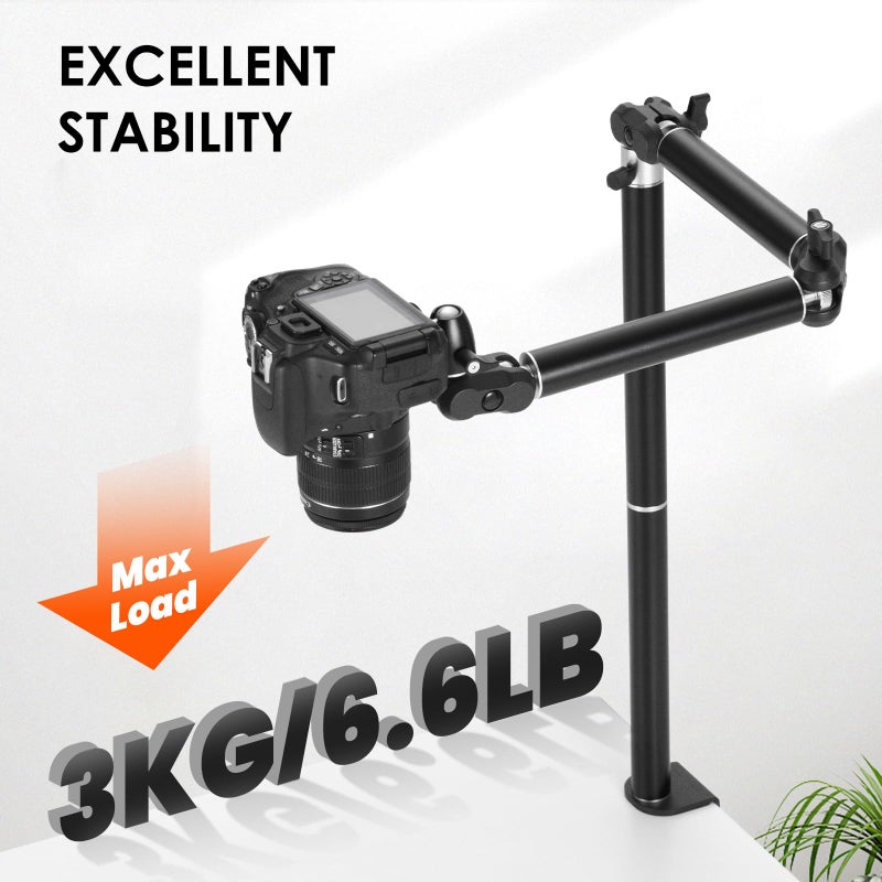 TARION Camera Desk Mount Overhead: Articulated Camera Arm Stand with Clamp 3/8'' 1/4'' Screws Adjustable Table Mount Flexible Gear Joints for DSLR, Phone, Projector TKA01-L (Upgraded Version) - Image 3