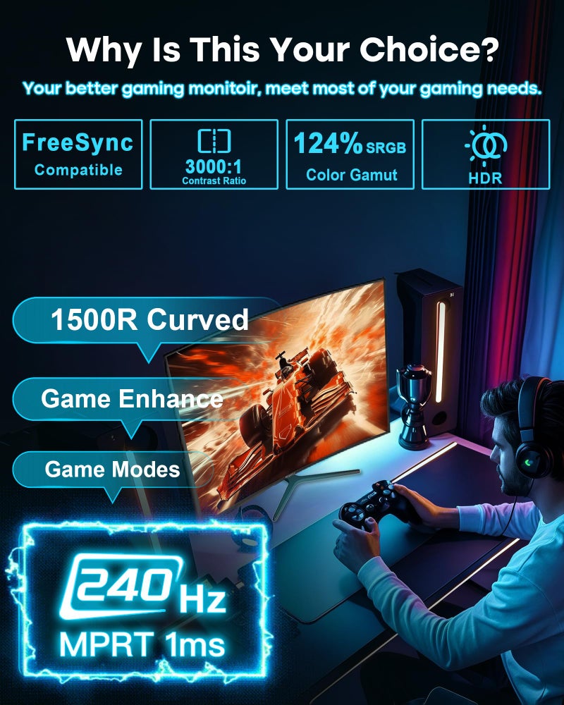 SANSUI 24 Inch Curved 240Hz Gaming Monitor FHD 1080P, 1500R Curve Computer Monitor, 124%sRGB, 3000:1 Contrast Ratio, HDR, FreeSync, MPRT 1Ms, Low Blue Light, HDMI DP ports.(ES-G24C1 PRO DP Cable Incl) - Image 2