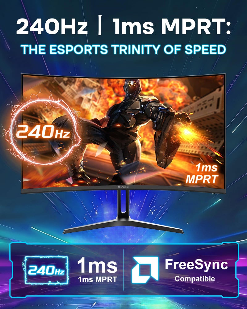 SANSUI 24 Inch Curved 240Hz Gaming Monitor FHD 1080P, 1500R Curve Computer Monitor, 124%sRGB, 3000:1 Contrast Ratio, HDR, FreeSync, MPRT 1Ms, Low Blue Light, HDMI DP ports.(ES-G24C1 PRO DP Cable Incl) - Image 3
