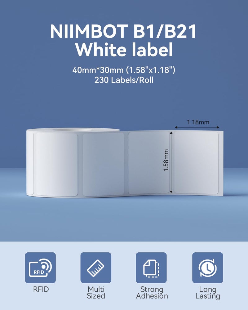 NIIMBOT Label Maker Tape White Label Print Paper Compatible for NIIMBOT B1 B21 B3S, Thermal Sticker Paper 1.57'' x 1.18'' Waterproof Labeling Tape Replacement 230 Labels/Roll, White - Image 2