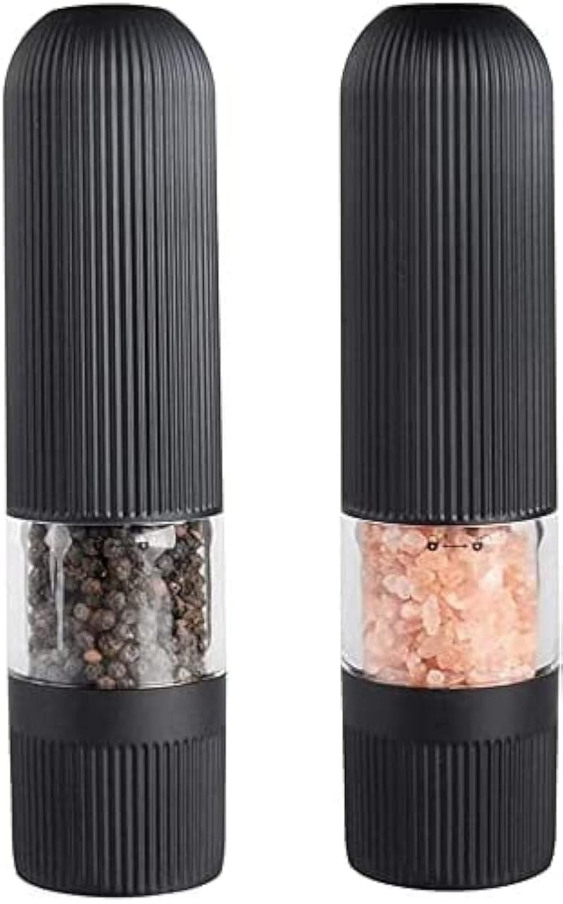 Tmark Electric Salt and Pepper Grinder Set  Battery Operated Automatic One Handed Salt Pepper Mill with LED Lights  Bottom Cap Adjustable Coarseness