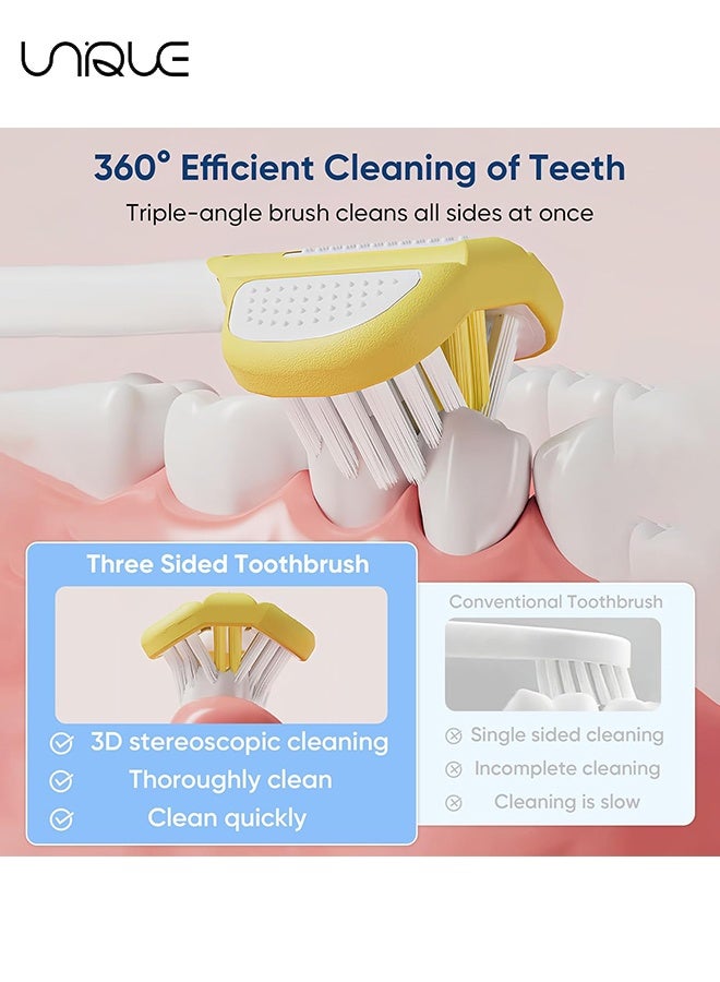 يونيك 4 قطع فرشاة أسنان ثلاثية الجوانب للأطفال - فرشاة أسنان نانو فائقة النعومة - فرشاة أسنان أطفال خالية من مادة BPA - فرشاة أسنان فعالة من 3 جوانب - فرشاة أسنان لتدريب الأطفال الصغار للأعمار من 3 إلى 12 سنة - تنظف جميع الجوانب (ملونة) - Image 2