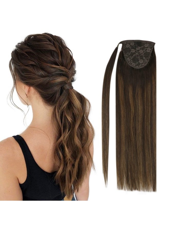 Ve Sunny Long Ponytail Extension Human Hair Dark Brown Ombre Medium Brown Ponytail Hair Extensions Balayage Hair Extensions Real Human Hair Ponytail Brown Ponytail Hair Clip 80G 22Inch  - Image 1