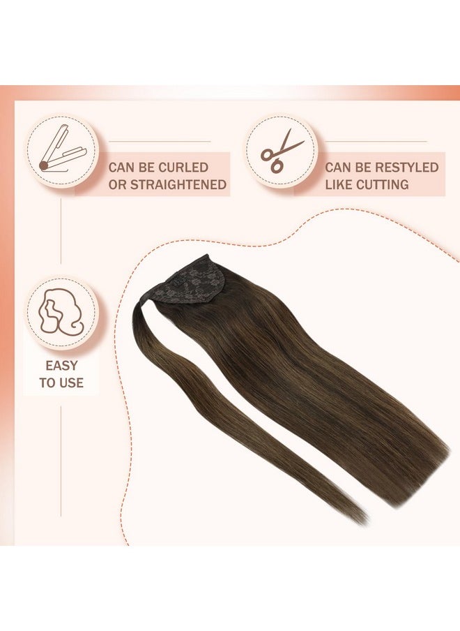Ve Sunny Long Ponytail Extension Human Hair Dark Brown Ombre Medium Brown Ponytail Hair Extensions Balayage Hair Extensions Real Human Hair Ponytail Brown Ponytail Hair Clip 80G 22Inch  - Image 3
