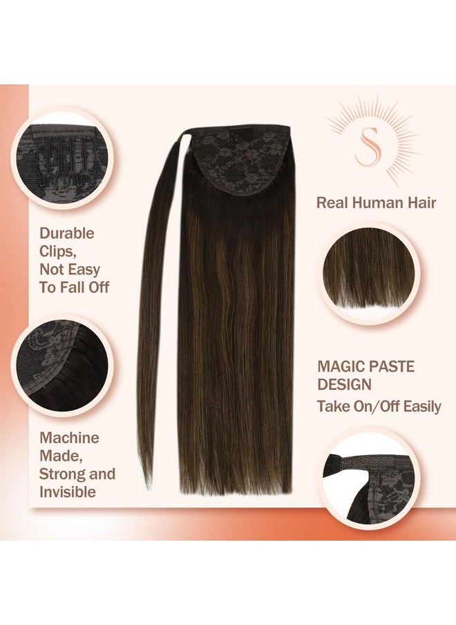 Ve Sunny Long Ponytail Extension Human Hair Dark Brown Ombre Medium Brown Ponytail Hair Extensions Balayage Hair Extensions Real Human Hair Ponytail Brown Ponytail Hair Clip 80G 22Inch  - Image 4