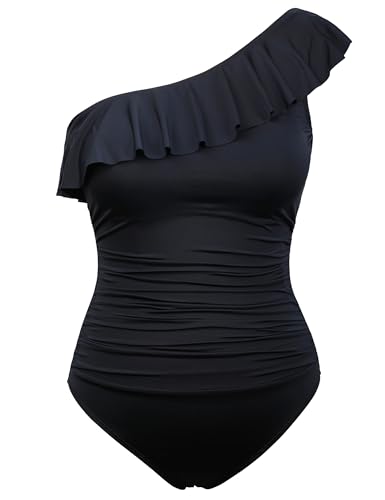 Hilor Women's Slimming One Piece Swimsuits Vintage One Shoulder Bathing Suits Asymmetric Modest Swimwear Black 16 - Image 1