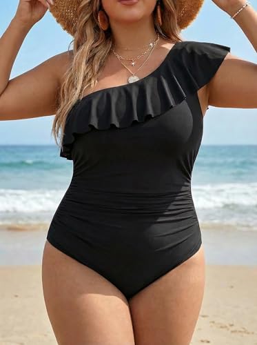 Hilor Women's Slimming One Piece Swimsuits Vintage One Shoulder Bathing Suits Asymmetric Modest Swimwear Black 16 - Image 3