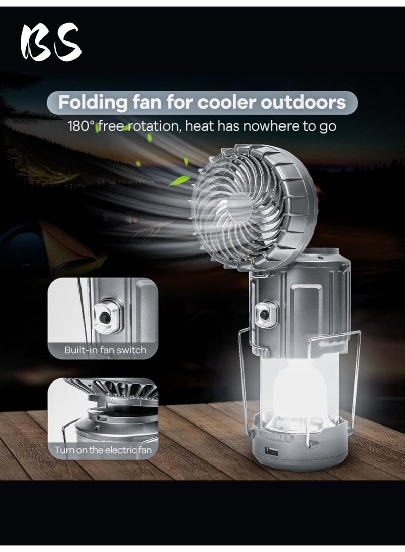 بي إس فوانيس تخييم مع مروحة، مروحة تخييم تعمل بالطاقة الشمسية لشحن الهاتف، فوانيس LED قابلة لإعادة الشحن، مراوح تخييم للخيام، انقطاع التيار الكهربائي، الأعاصير، معدات التخييم - Image 1