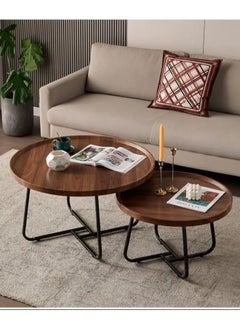 Set of 2 nesting coffee table, wooden walnut coffee table, rustic coffee Table mid-century, modern round coffee tables center table for living room bedroom office furniture easy assembly