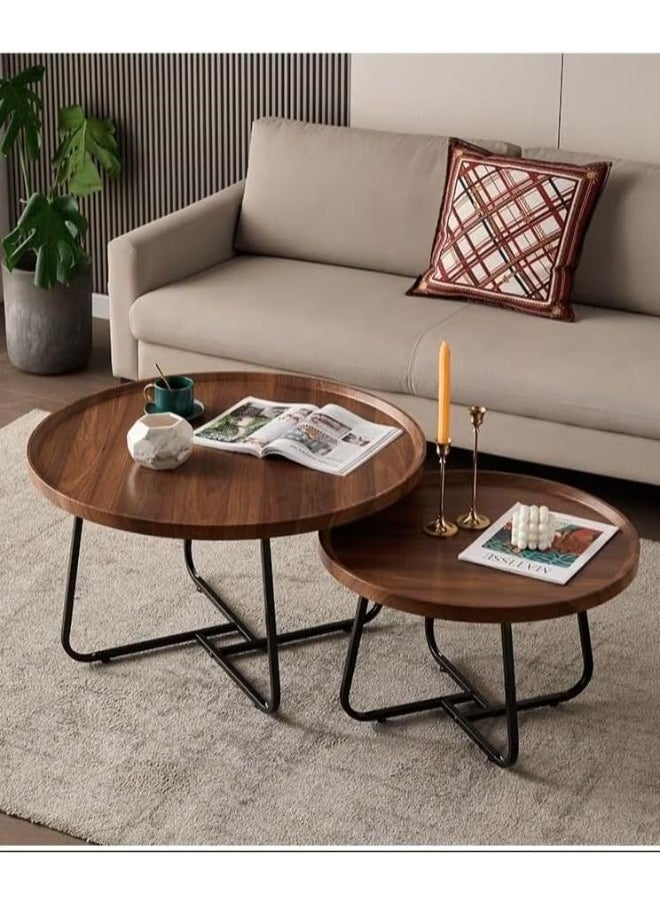 Generic - Set of 2 nesting coffee table, wooden walnut coffee table, rustic coffee Table mid-century, modern round coffee tables center table for living room bedroom office furniture easy assembly - Image 1