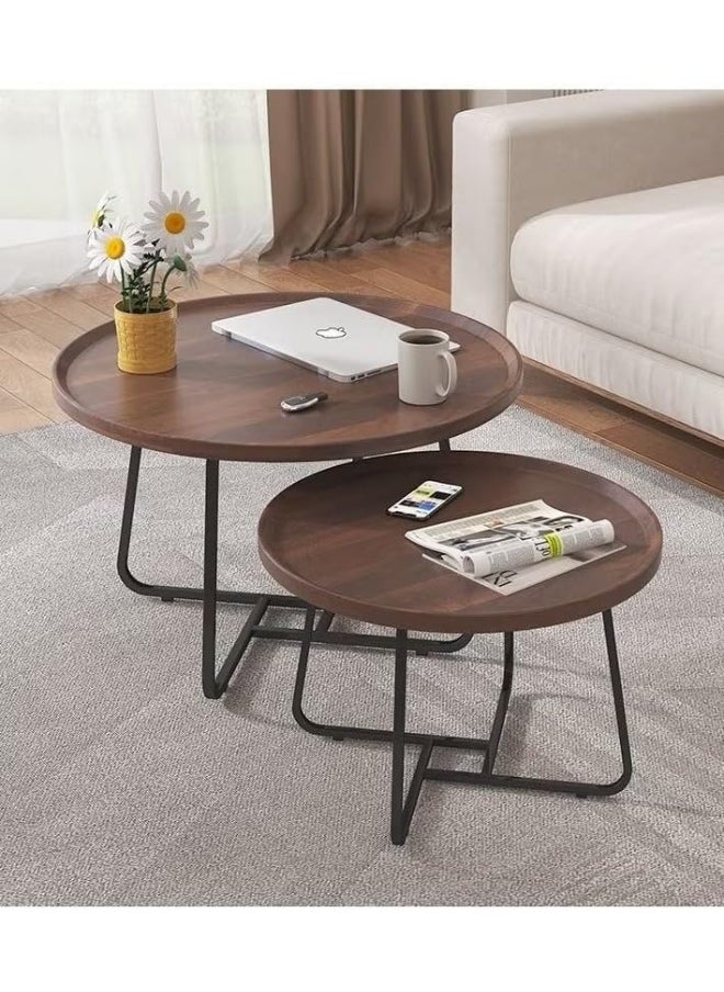 Generic - Set of 2 nesting coffee table, wooden walnut coffee table, rustic coffee Table mid-century, modern round coffee tables center table for living room bedroom office furniture easy assembly - Image 1