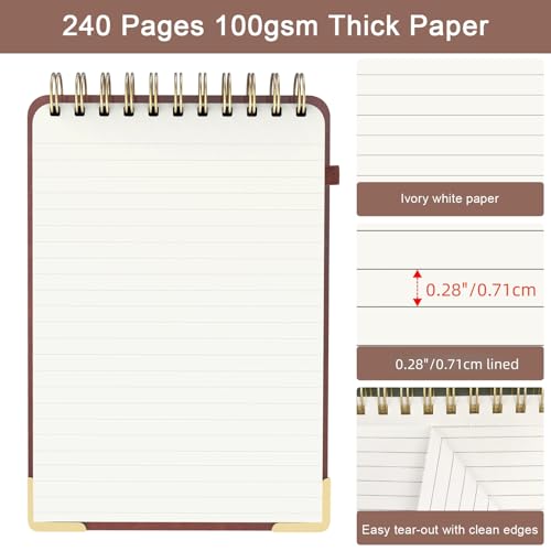 Mousbull Aesthetic Top Spiral Notebook, A5 Linen Hardcover Top Bound Steno Pads, 240 Pages 100gsm Thick Lined Paper Left Handed Notebook Journal for Work, School, Church Writing - Brown, 5.9" x 8.5" - Image 4