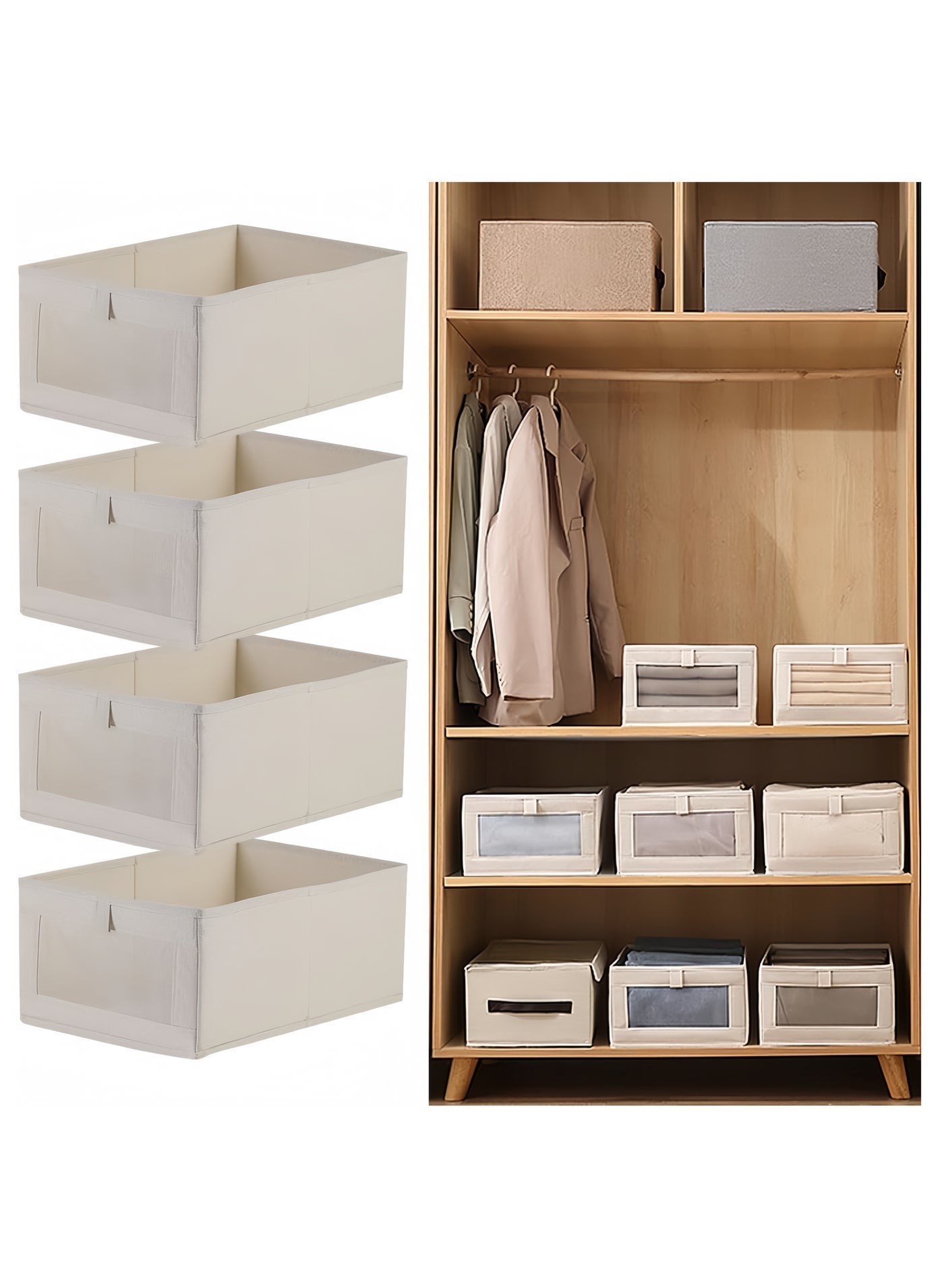 4 Pack Foldable Fabric Storage Boxes for Clothes - Wardrobe Organizer with Clear Window | Stackable Closet Bins for Sweaters, Pants, Toys | Space-Saving Home Storage Solutions