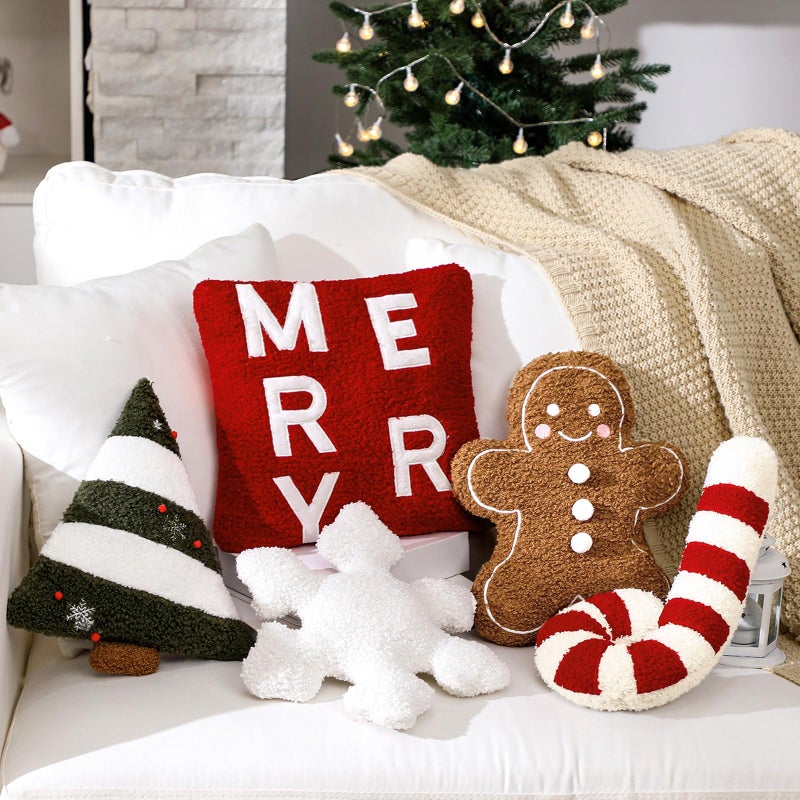 Geelin 5 Pcs Christmas Throw Pillows Gingerbread Christmas Tree Pillows Snowflake Candy Canes Shape Pillows Stuffed Plush Merry Christmas Decorations for Bed Home Sofa Couch Party - Image 2