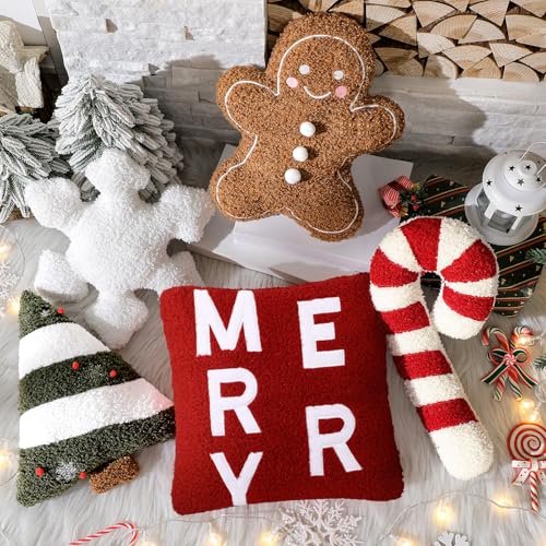 Geelin 5 Pcs Christmas Throw Pillows Gingerbread Christmas Tree Pillows Snowflake Candy Canes Shape Pillows Stuffed Plush Merry Christmas Decorations for Bed Home Sofa Couch Party - Image 3
