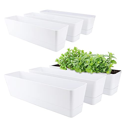 GREANER Long Window Boxes Planters, 6 Pack 16x3.8 Inch Vegetable Box Pot with Tray, Indoor Succulent Cactus Flowers Plastic Rectangle Pot for Balcony, Office, Garden, Outdoor, Windowsill - White - Image 1