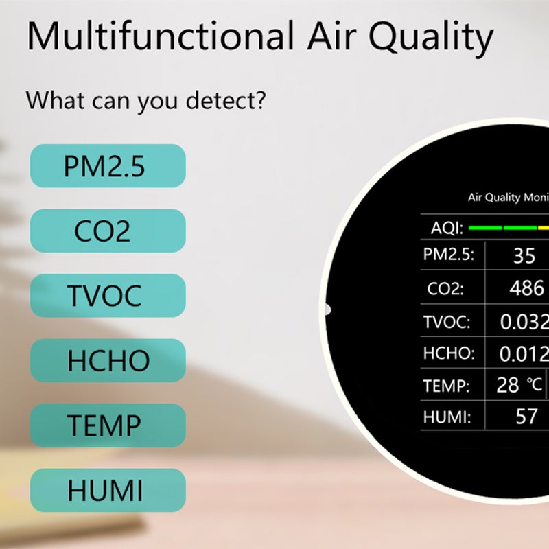 مكشف جودة الهواء متعدد الوظائف 7 في 1: كاشف PM2.5 و TVOC و CO2 و HCHO و درجات الحرارة والرطوبة و AQI — مراقب جودة الهواء الداخلي للمنزل والمكتب والسيارة والطاولة - Image 3