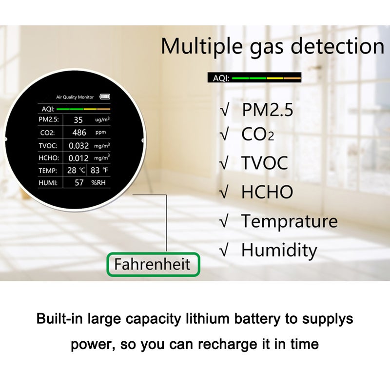 مكشف جودة الهواء متعدد الوظائف 7 في 1: كاشف PM2.5 و TVOC و CO2 و HCHO و درجات الحرارة والرطوبة و AQI — مراقب جودة الهواء الداخلي للمنزل والمكتب والسيارة والطاولة - Image 5