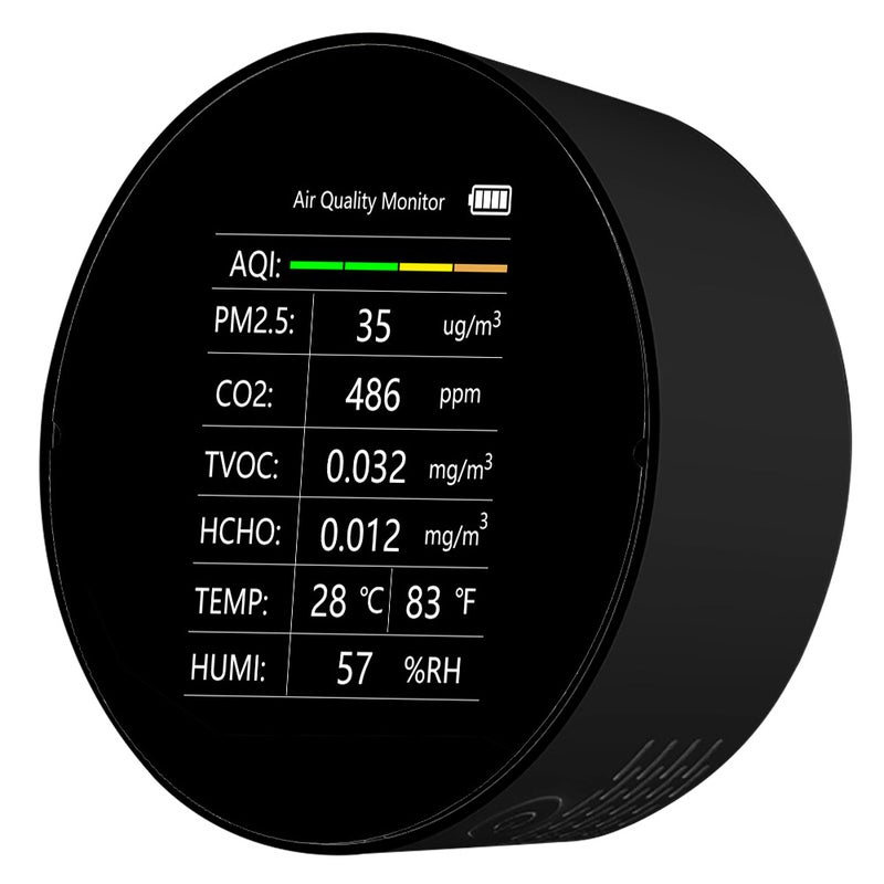 مكشف جودة الهواء متعدد الوظائف 7 في 1: كاشف PM2.5 و TVOC و CO2 و HCHO و درجات الحرارة والرطوبة و AQI — مراقب جودة الهواء الداخلي للمنزل والمكتب والسيارة والطاولة - Image 1