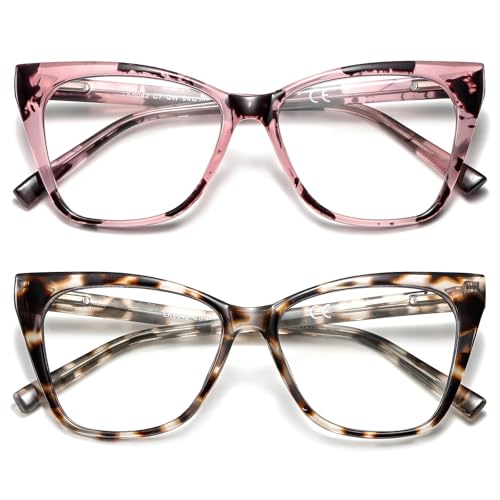 LKEYE Oversized Reading Glasses Women Cat Eye Computer Readers Stylish Ladies Designer Fashion Large Unbreakable Eyewear 2Pack Pink & White Tortoise LK6042 +1.50 - Image 1