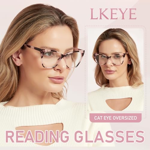 LKEYE Oversized Reading Glasses Women Cat Eye Computer Readers Stylish Ladies Designer Fashion Large Unbreakable Eyewear 2Pack Pink & White Tortoise LK6042 +1.50 - Image 2