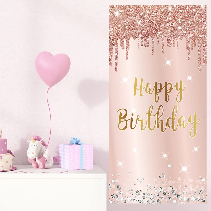 Excelloon Pink Rose Gold Happy Birthday Door Banner Decorations, Happy Birthday Door Cover Backdrop Party Supplies for Women, Large 16th 21st 30th 40th 50th Birthday Poster Sign Decor - Image 4