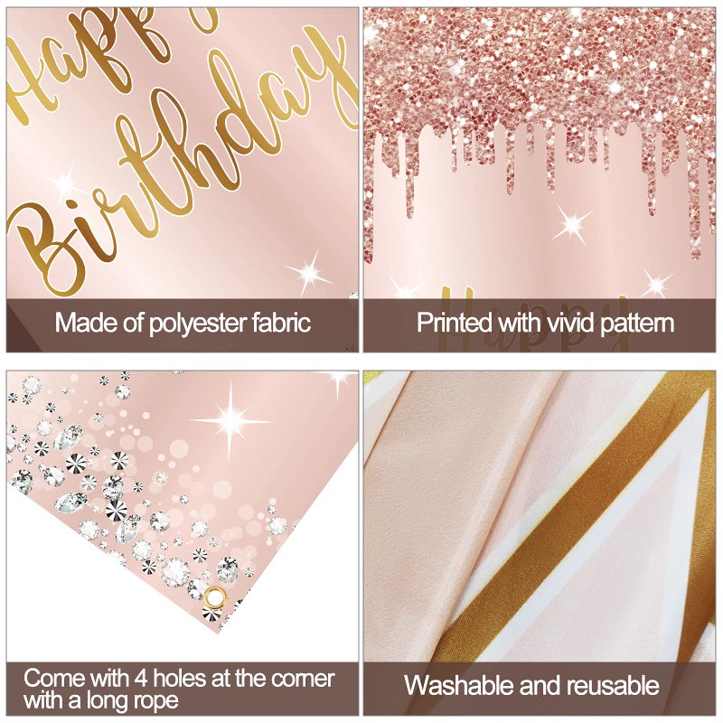 Excelloon Pink Rose Gold Happy Birthday Door Banner Decorations, Happy Birthday Door Cover Backdrop Party Supplies for Women, Large 16th 21st 30th 40th 50th Birthday Poster Sign Decor - Image 3
