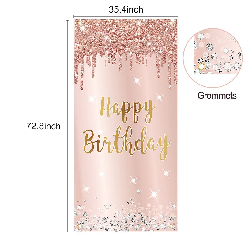 Excelloon Pink Rose Gold Happy Birthday Door Banner Decorations, Happy Birthday Door Cover Backdrop Party Supplies for Women, Large 16th 21st 30th 40th 50th Birthday Poster Sign Decor - Image 2