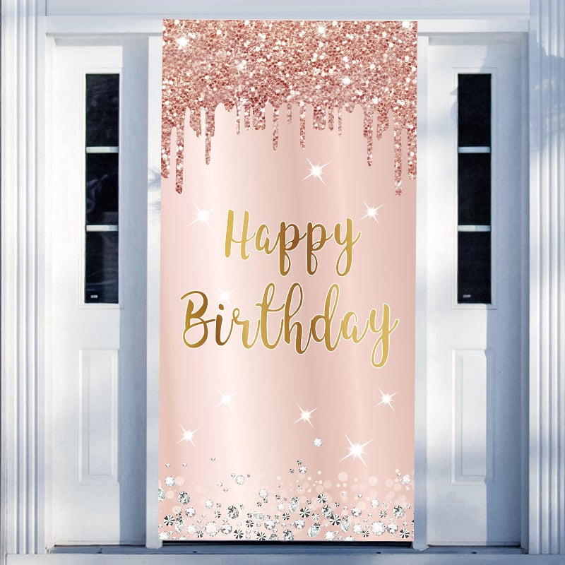 Excelloon Pink Rose Gold Happy Birthday Door Banner Decorations, Happy Birthday Door Cover Backdrop Party Supplies for Women, Large 16th 21st 30th 40th 50th Birthday Poster Sign Decor - Image 1