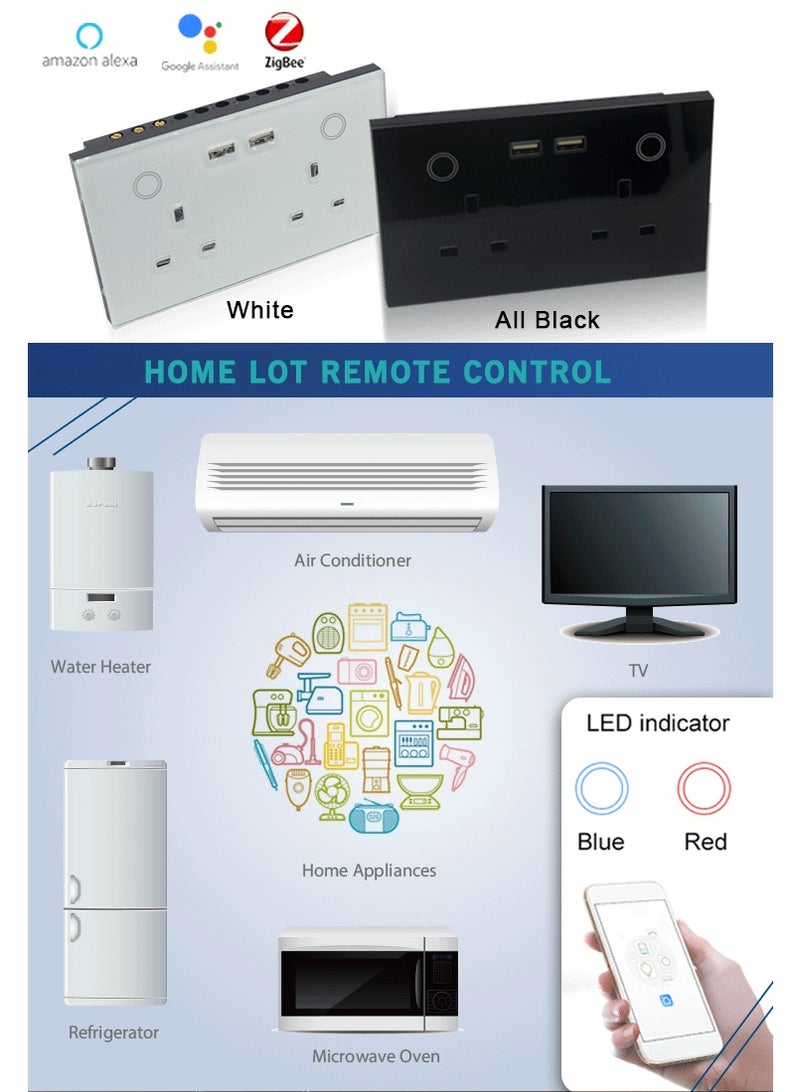 مقبس حائط ذكي مزدوج من Zigbee مزود بلوحة تحكم تعمل باللمس مع منفذ USB مزدوج وخاصية التوقيت Tuya Alexa Google Home ومخرج طاقة أسود  - Image 3