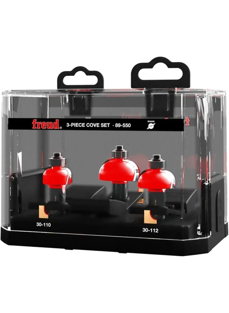 freud Freud 3 Piece Cove Bit Set - Ideal for Furniture, Shelving, Columns, Decorative Moldings and Woodworking - 1/2" Shank, 1/4", 3/8", 1/2" Radius - 89-550  - Image 1