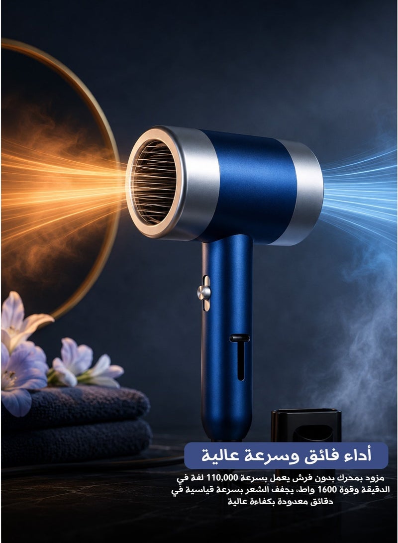 وتزيزو مجفف شعر عالي السرعة 1600 واط – محرك بدون فرش 110000 دورة/دقيقة – 3 مستويات سرعة – تقنية الأيونات السالبة – هواء ساخن وبارد – تحكم ذكي بدرجة الحرارة – حماية من الحرارة الزائدة – مقبض غير قابل للطي – لون أزرق عصري - Image 2