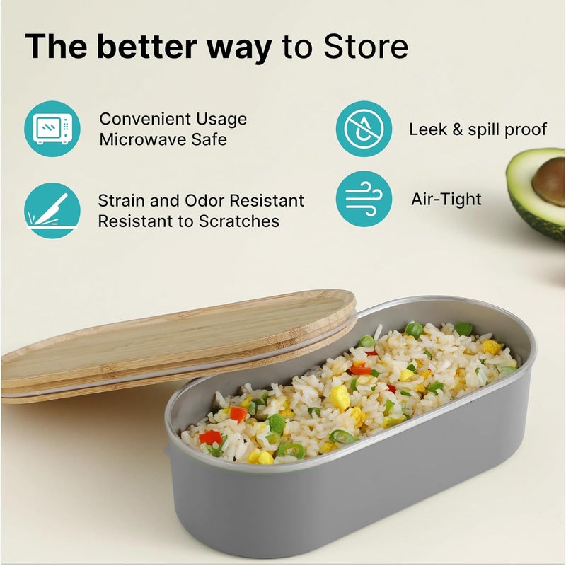 The Better Home 304 SS Microwave Safe Steel Container 960ml Bamboo Lid Steel Microwave Safe Container with Lid Stainless Steel Lunch Box for Kids Office Men Women Steel Tiffin Box for Girls