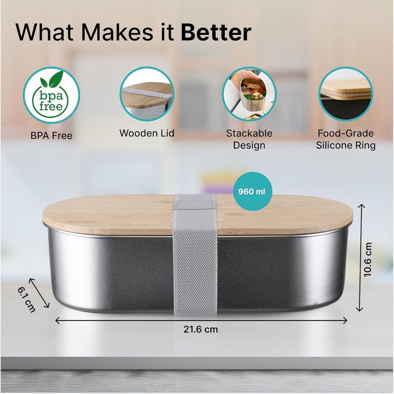The Better Home 304 SS Microwave Safe Steel Container 960ml Bamboo Lid Steel Microwave Safe Container with Lid Stainless Steel Lunch Box for Kids Office Men Women Steel Tiffin Box for Girls