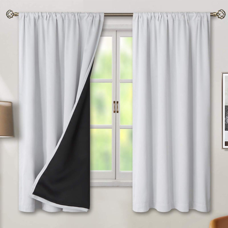 BGment Thermal Insulated 100 Blackout Curtains for Bedroom with Black Liner Double Layer Full Room Darkening Noise Reducing Rod Pocket Curtain 52 x 63 Inch Greyish White 2 Panels