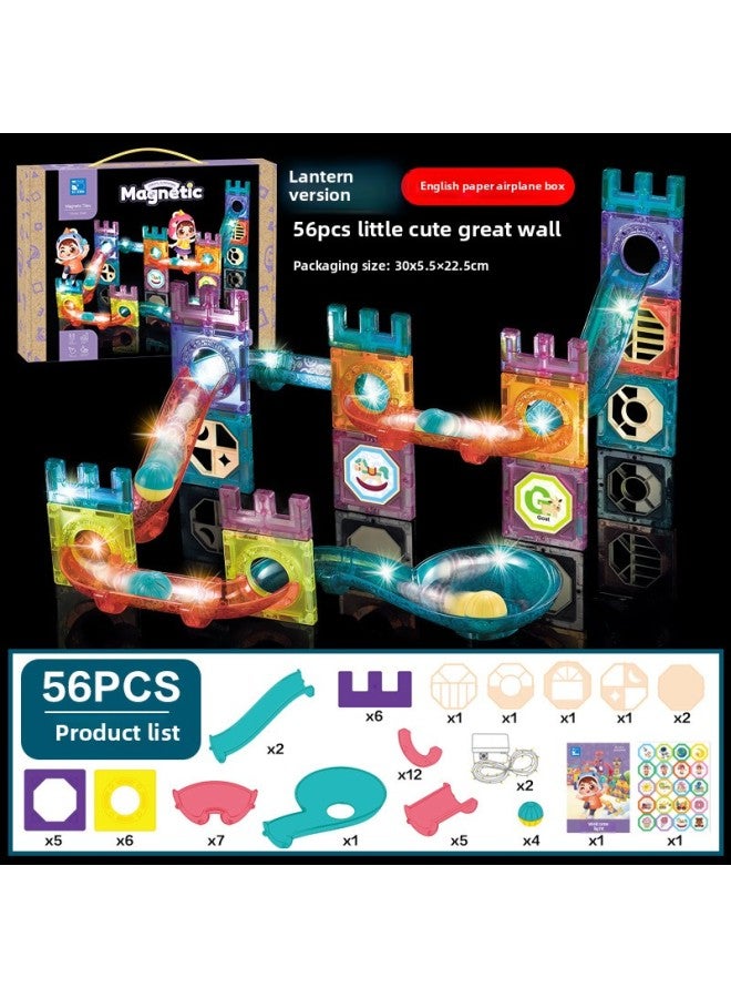 Magnetic Whale Magnetic Pieces Track Building Blocks Light Ball Pipe Magnetic Building Blocks Assembled Educational Children's Magnetic Toys-Color:[56PCS] Lighting-Macey Great Wall (English Paper Wai Flying Machine Box) 690g  - Image 1