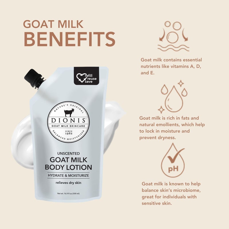 Dionis Goat Milk Skincare Body Lotion 16.9 oz Refill Pouch, Cruelty-Free, Fragrance Free, Dermatologist Tested, Hydrating & Moisturizing Lotion for Dry Skin, Rich in Vitamins, Unscented - Image 2
