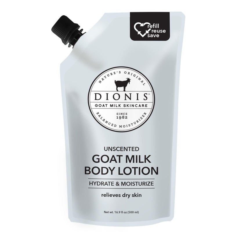 Dionis Goat Milk Skincare Body Lotion 16.9 oz Refill Pouch, Cruelty-Free, Fragrance Free, Dermatologist Tested, Hydrating & Moisturizing Lotion for Dry Skin, Rich in Vitamins, Unscented - Image 1