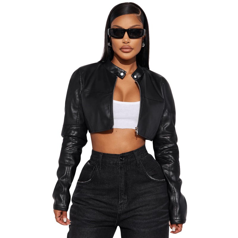 Charyeah Women's Fashion Faux Leather Jacket Crop Short Cropped PU Slim Zip Up Moto Biker Coat Motorcycle Jackets Coat (US, Alpha, X-Large, Regular, Regular, Black) - Image 1