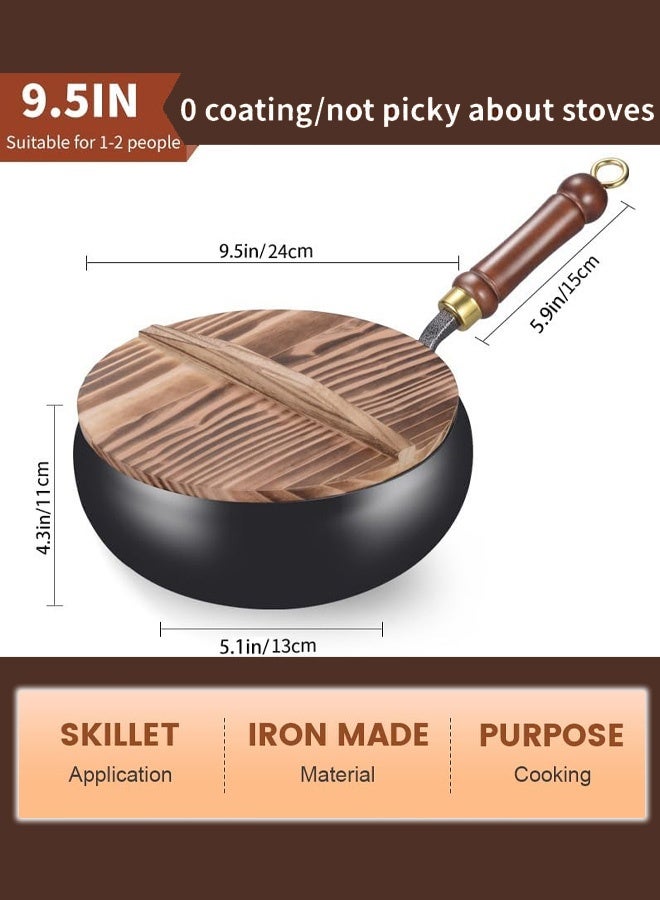 Handmade Non-Stick Wok Pan - 24cm Compact Single Serving Size w/ Wooden Lid (Wooden Cover) - All Stovetops - Image 4