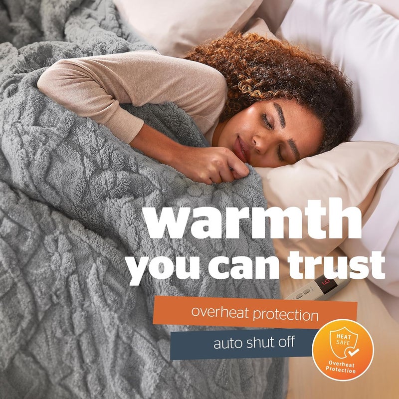 سايلنت نايت بطانية كهربائية دافئة من نوع سايلنتナイト لوكس سوبر كوزي (Silentnight Luxury Super Cosy)، مصنوعة من صوف كثيف وناعم، مزودة بتصميم جاكارد، مناسبة للأرائك والأسرّة المنزلقة. تتميز بتسعة مستويات حرارة مختلفة، سرعة تسخين عالية، وإيقاف آمن للجهاز. يمكن غسلها في الغسالة الأتوماتيكية. - Image 5