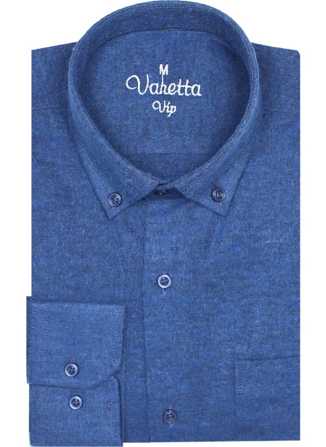 فاريتا Men's Blue Plus Size Wide Cut Collar Button-Down Winter Shirt