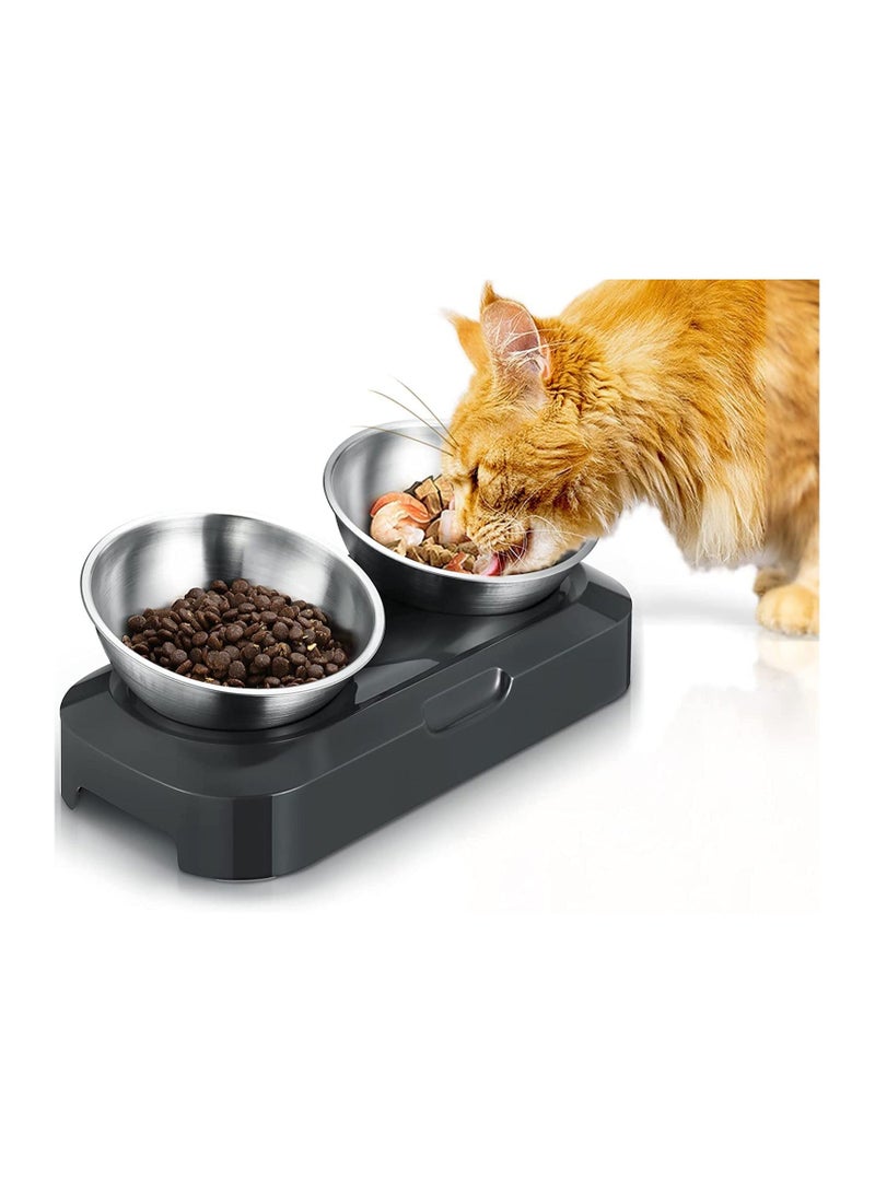 Raised Cat Bowl with Stainless Steel, Non-Slip Silicone Mat & Raised Cat Feeder with 15° & 0° Tilting Neck Protective Bowl for Pets, Cats Food and Water Feeding - Image 1