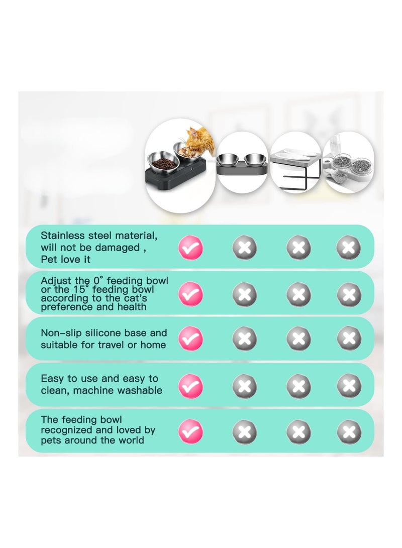 Raised Cat Bowl with Stainless Steel, Non-Slip Silicone Mat & Raised Cat Feeder with 15° & 0° Tilting Neck Protective Bowl for Pets, Cats Food and Water Feeding - Image 2