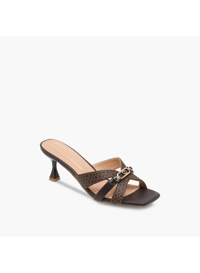 Celeste Women's Monogram Print Slip-On Cross Strap Sandals with Kitten Heels